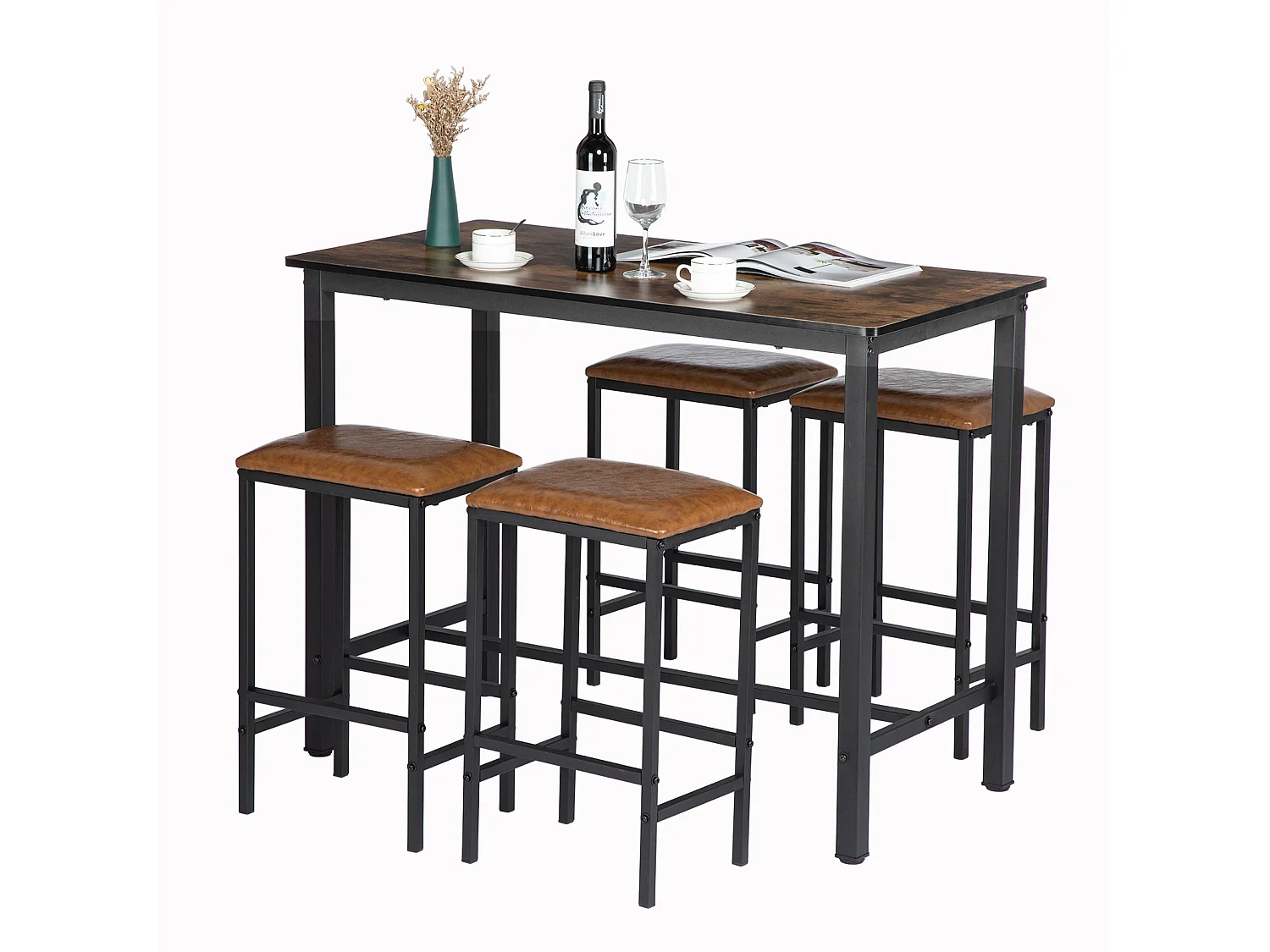 Ensemble de Table et Chaises - Table Naturelle et 4 Chaises en Cuir pour une Ambiance Contemporaine