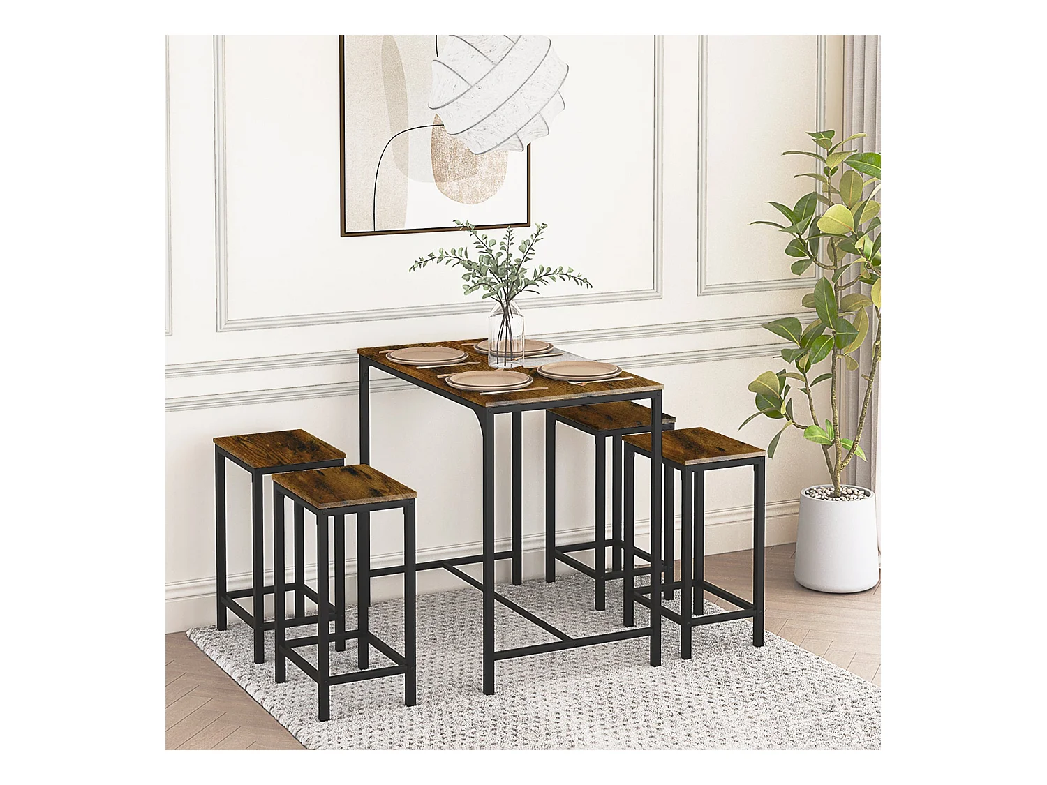 Ensemble Table de Salle à Manger, Table de Bar et chaises de Bar, Table Haute et 4 Tabouret -Marron