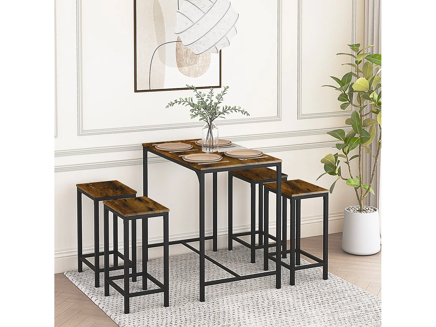 Ensemble Table de Salle à Manger, Table de Bar et chaises de Bar, Table Haute et 4 Tabouret -Marron