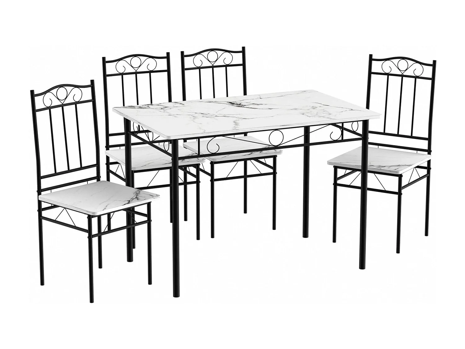 Ensemble table à manger 109x 69x 75 cm et 4 chaises - marbre noir et blanc - style industriel pour cuisine, salle à manger, salon