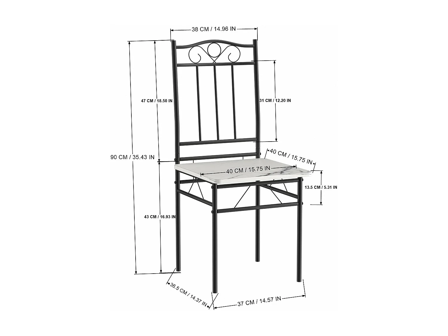 Ensemble table à manger 109x 69x 75 cm et 4 chaises - marbre noir et blanc - style industriel pour cuisine, salle à manger, salon