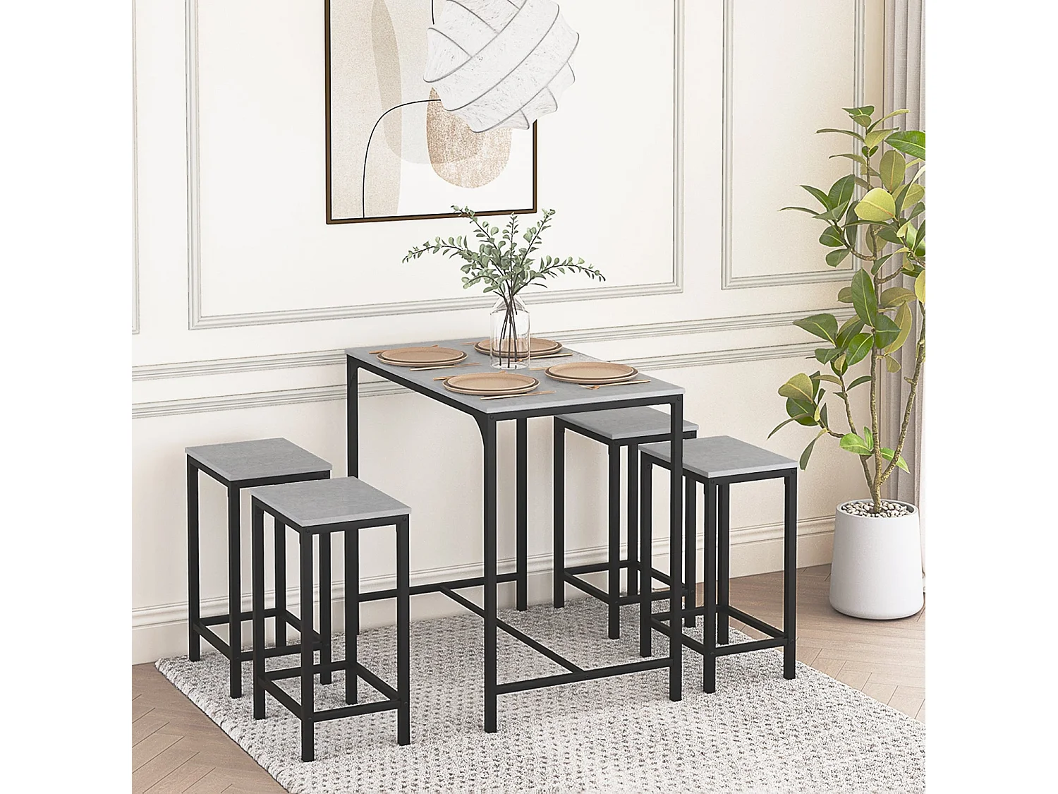 Ensemble Table de Salle à Manger, Table de Bar et chaises de Bar, Table Haute et 4 Tabouret, Gris
