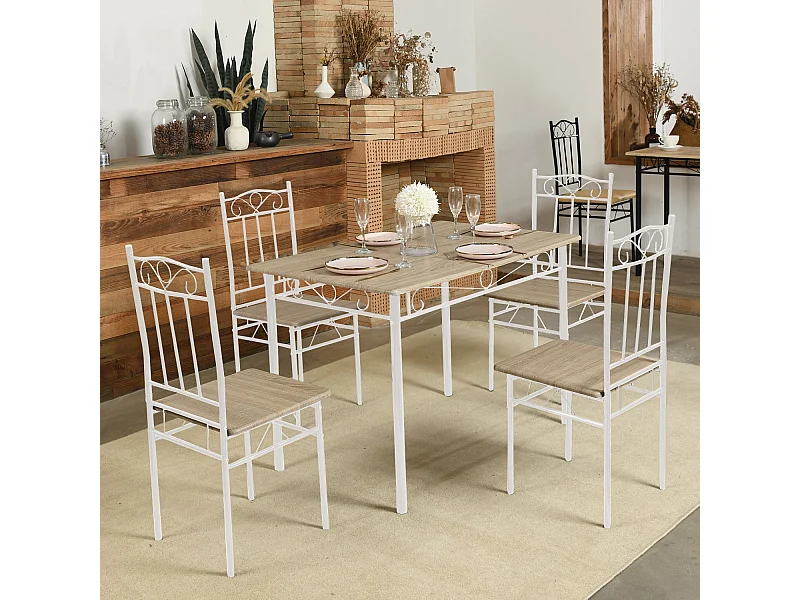 Ensemble table à manger 109x 69x 75 cm et 4 chaises - Hêtre clair et Blanc - Style Industriel, pour Cuisine, Salle à Manger, Salon