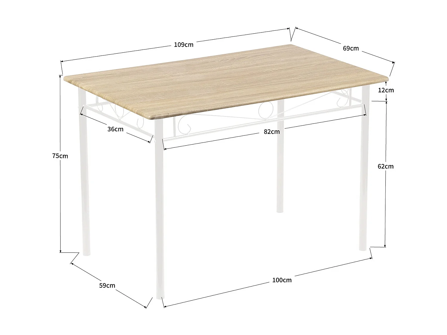 Ensemble table à manger 109x 69x 75 cm et 4 chaises - Hêtre clair et Blanc - Style Industriel, pour Cuisine, Salle à Manger, Salon