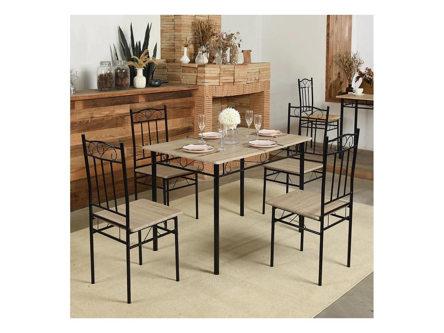 Ensemble table à manger 109x 69x 75 cm et 4 chaises-Hêtre clair et Noir-Style Industriel, pour Cuisine, Salle à Manger, Salon