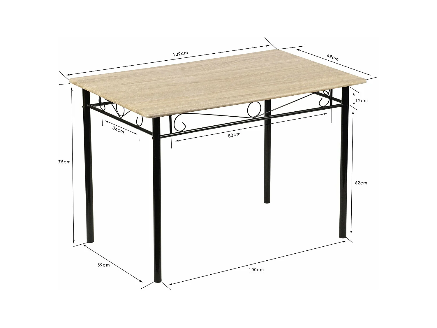 Ensemble table à manger 109x 69x 75 cm et 4 chaises-Hêtre clair et Noir-Style Industriel, pour Cuisine, Salle à Manger, Salon