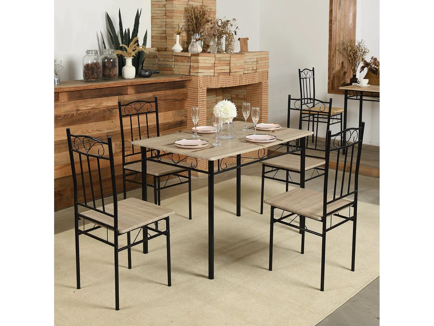 Ensemble table à manger 109x 69x 75 cm et 4 chaises-Hêtre clair et Noir-Style Industriel, pour Cuisine, Salle à Manger, Salon