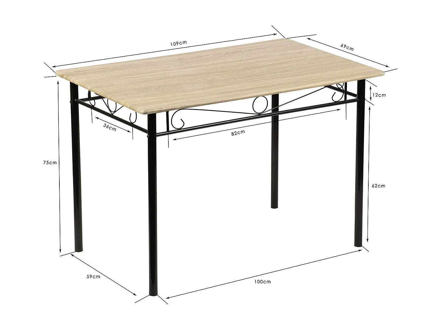 Ensemble table à manger 109x 69x 75 cm et 4 chaises-Hêtre clair et Noir-Style Industriel, pour Cuisine, Salle à Manger, Salon