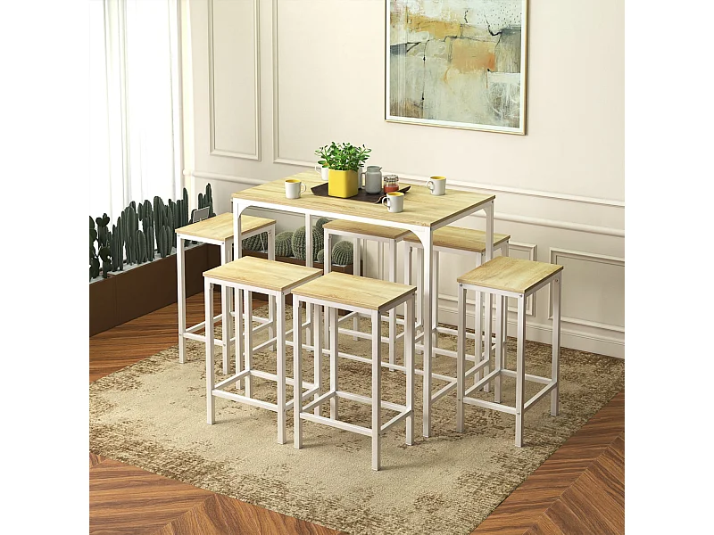 Ensemble Table de Salle à Manger, Table de Bar et chaises de Bar, Table Haute et 4 Tabouret, Chêne