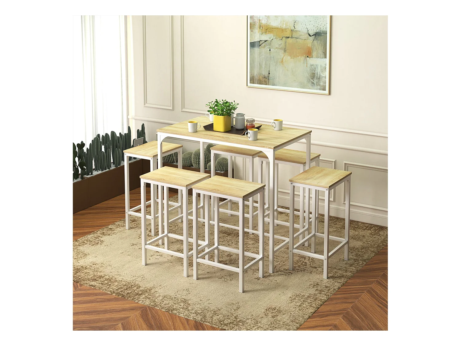 Ensemble Table de Salle à Manger, Table de Bar et chaises de Bar, Table Haute et 4 Tabouret, Chêne