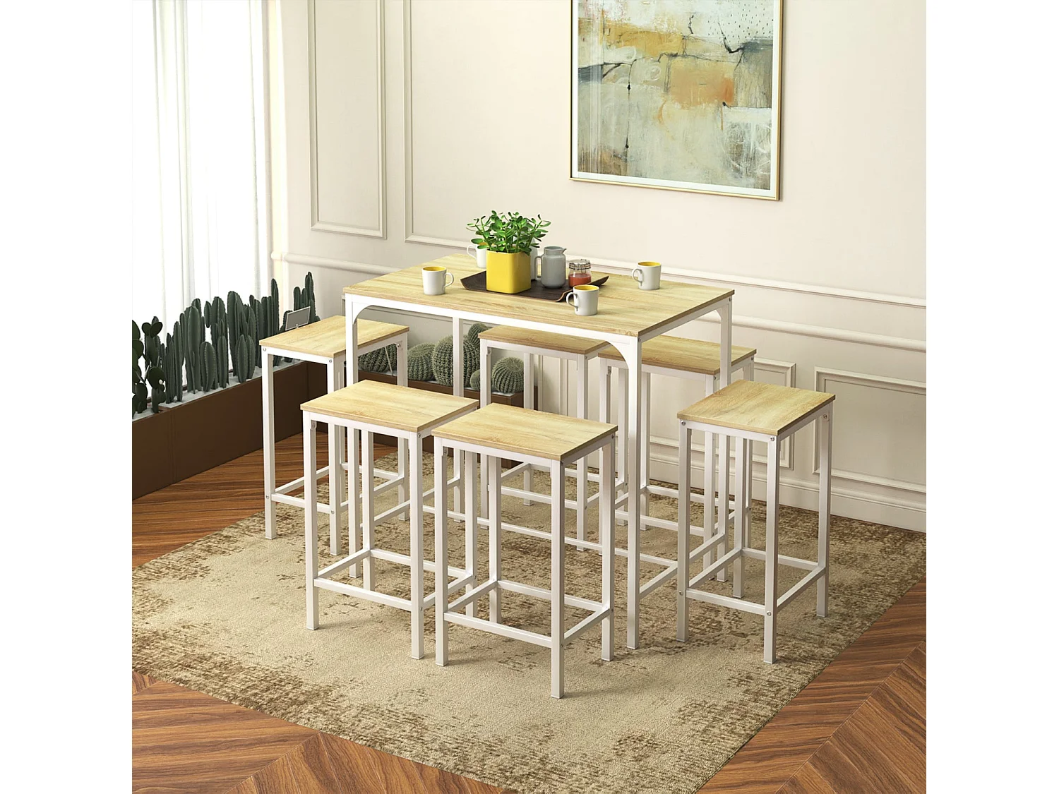 Ensemble Table de Salle à Manger, Table de Bar et chaises de Bar, Table Haute et 4 Tabouret, Chêne