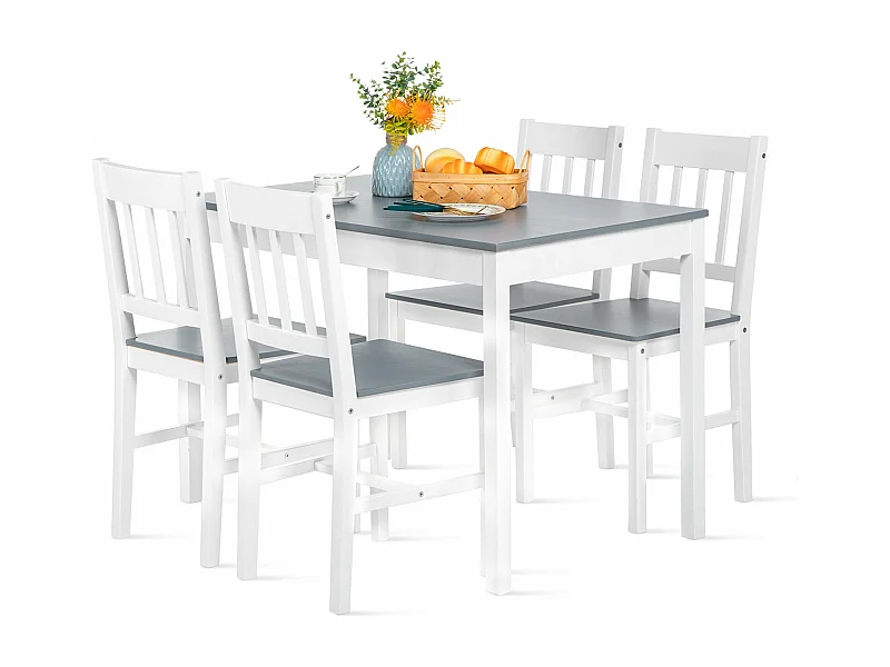 Ensemble de Table et Chaises en Pin Pur - 1 Table et 4 Chaises Assorties Gris et Blanc