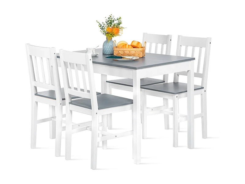 Ensemble de Table et Chaises en Pin Pur - 1 Table et 4 Chaises Assorties Gris et Blanc