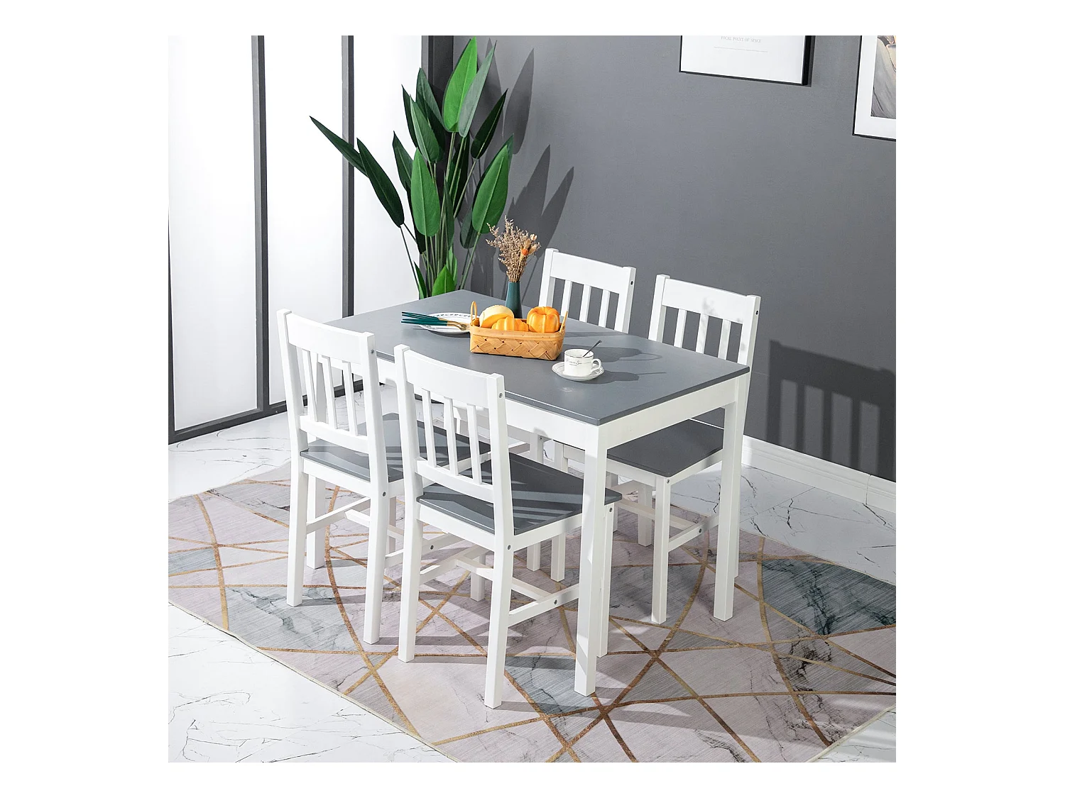 Tafel en Stoelenset van Puur Grenen Grijs en Wit - 5-delige Strakke Vormgeving