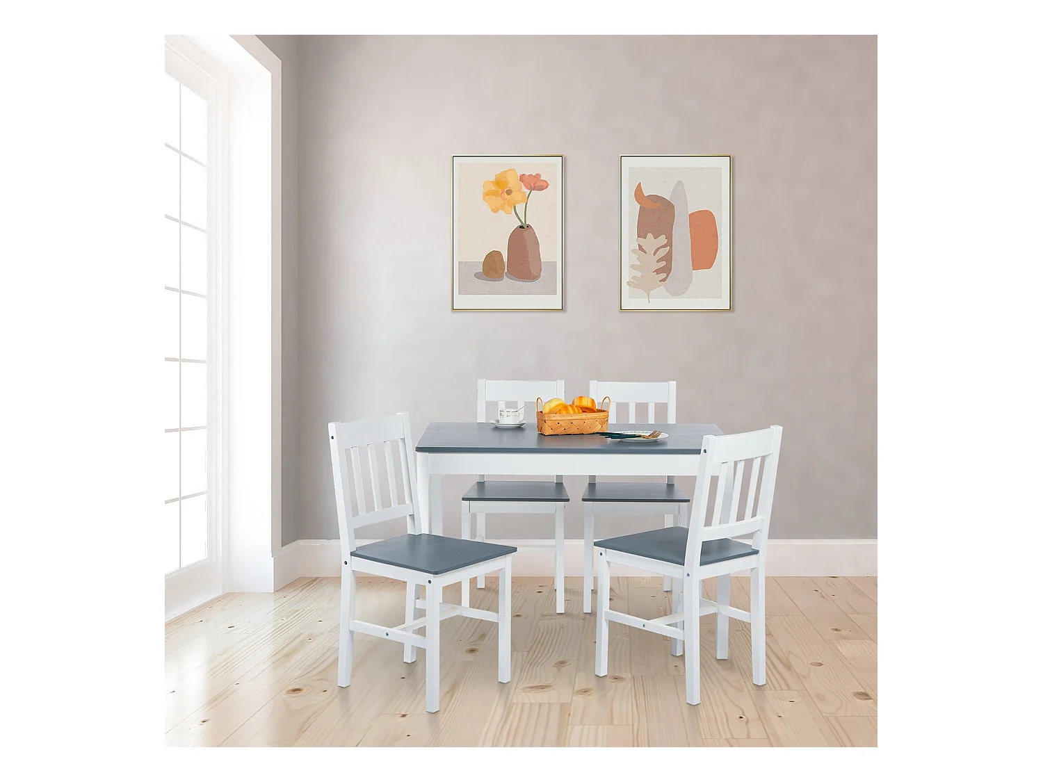 Tafel en Stoelenset van Puur Grenen Grijs en Wit - 5-delige Strakke Vormgeving