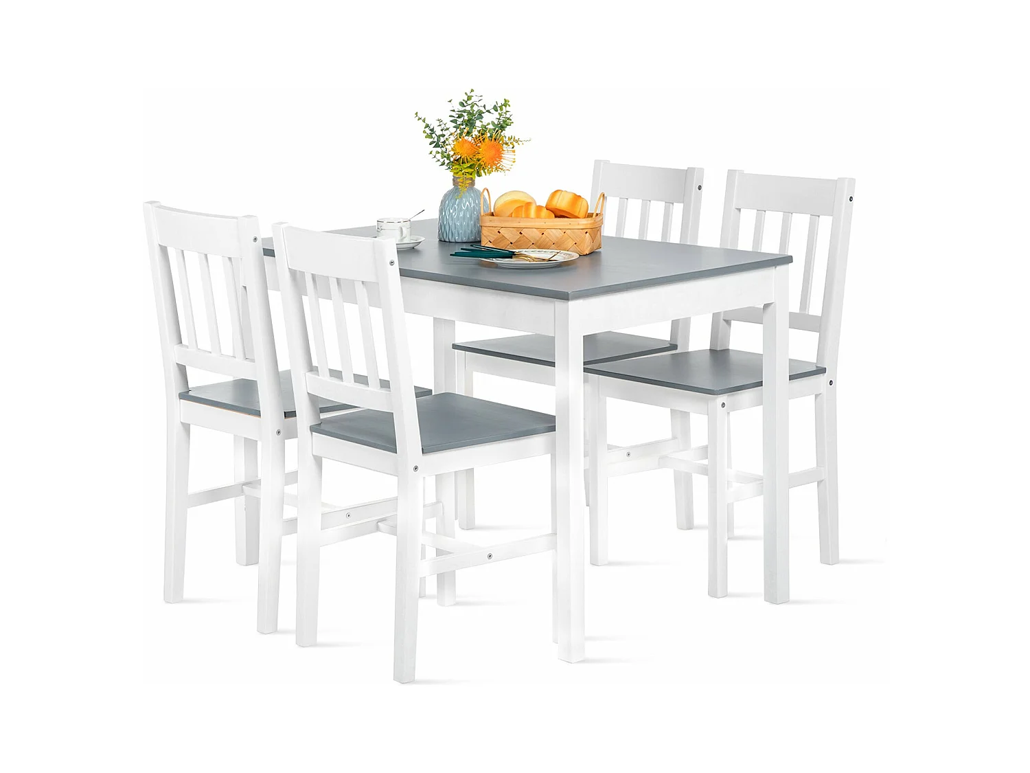 Ensemble de Table et Chaises en Pin Pur - 1 Table et 4 Chaises Assorties Gris et Blanc