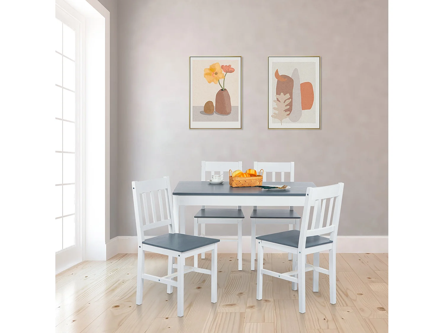 Ensemble de Table et Chaises en Pin Pur - 1 Table et 4 Chaises Assorties Gris et Blanc
