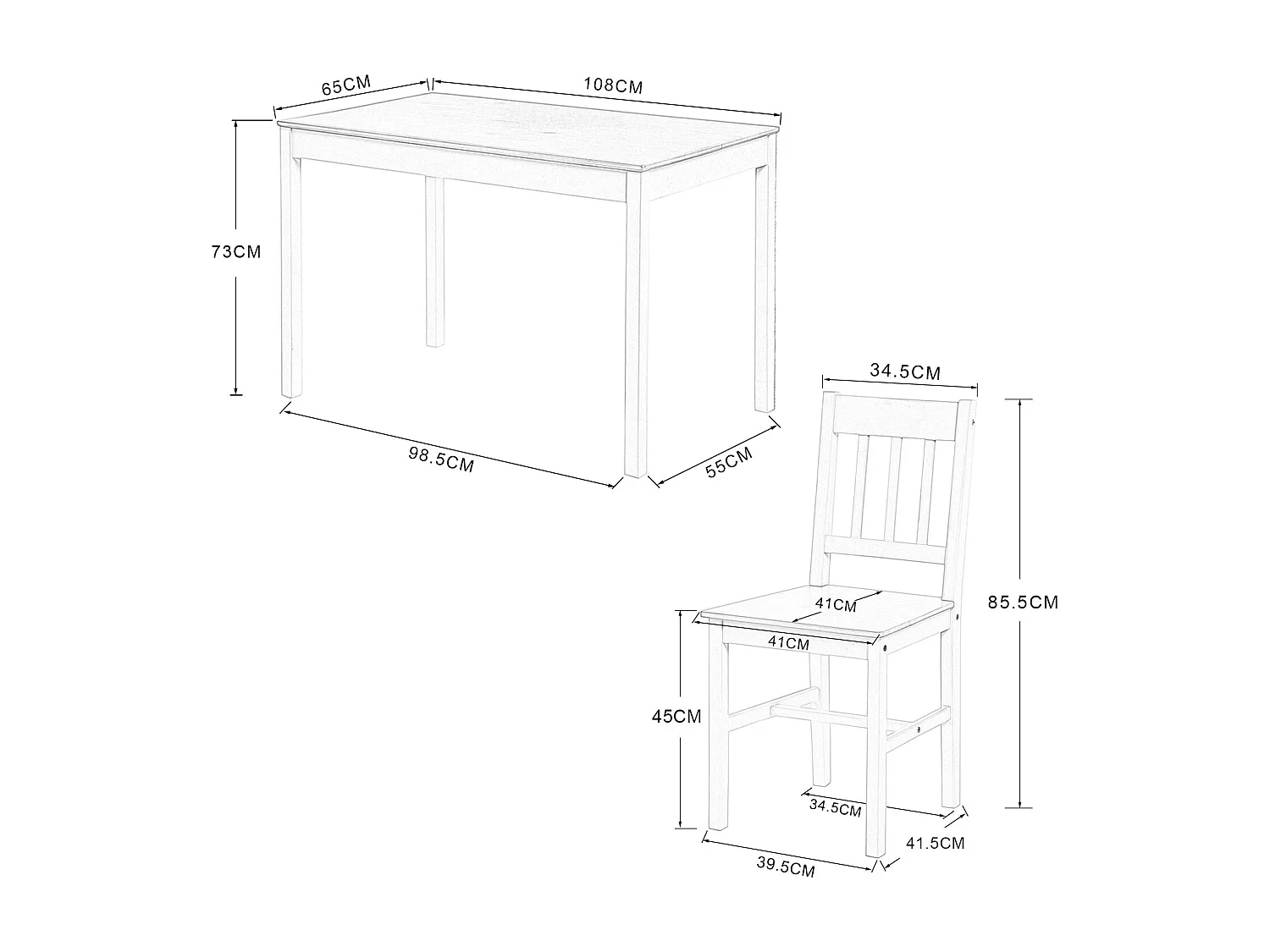 Ensemble de Table et Chaises en Pin Pur - 1 Table et 4 Chaises Assorties Gris et Blanc