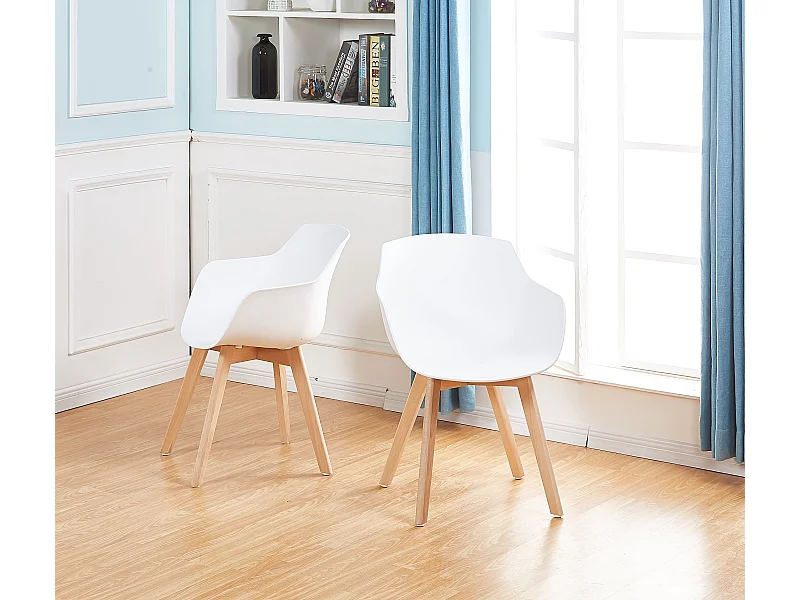 Lot de 2 Chaises Salle à Manger Fauteuils Scandinave de Cuisine avec Pieds en Bois de Hêtre Massif Blanc