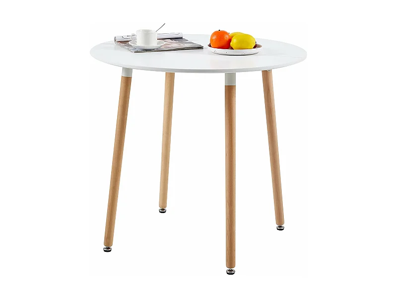 Table à Manger Ronde Moderne Laquée Blanc Mat pour 2 à 4 Personnes - Pieds en Hêtre - 80 x 80 x 73 cm