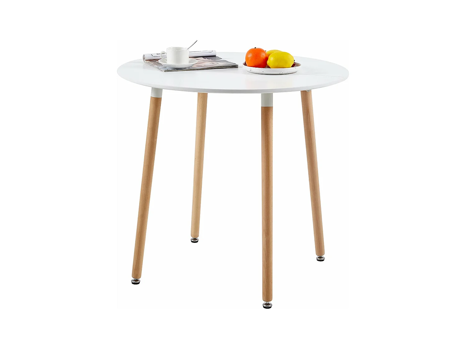 Table à Manger Ronde Moderne Laquée Blanc Mat pour 2 à 4 Personnes - Pieds en Hêtre - 80 x 80 x 73 cm
