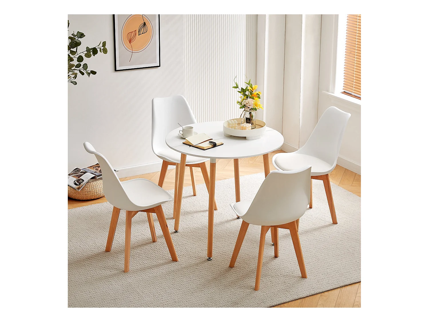 Table à Manger Ronde Moderne Laquée Blanc Mat pour 2 à 4 Personnes - Pieds en Hêtre - 80 x 80 x 73 cm