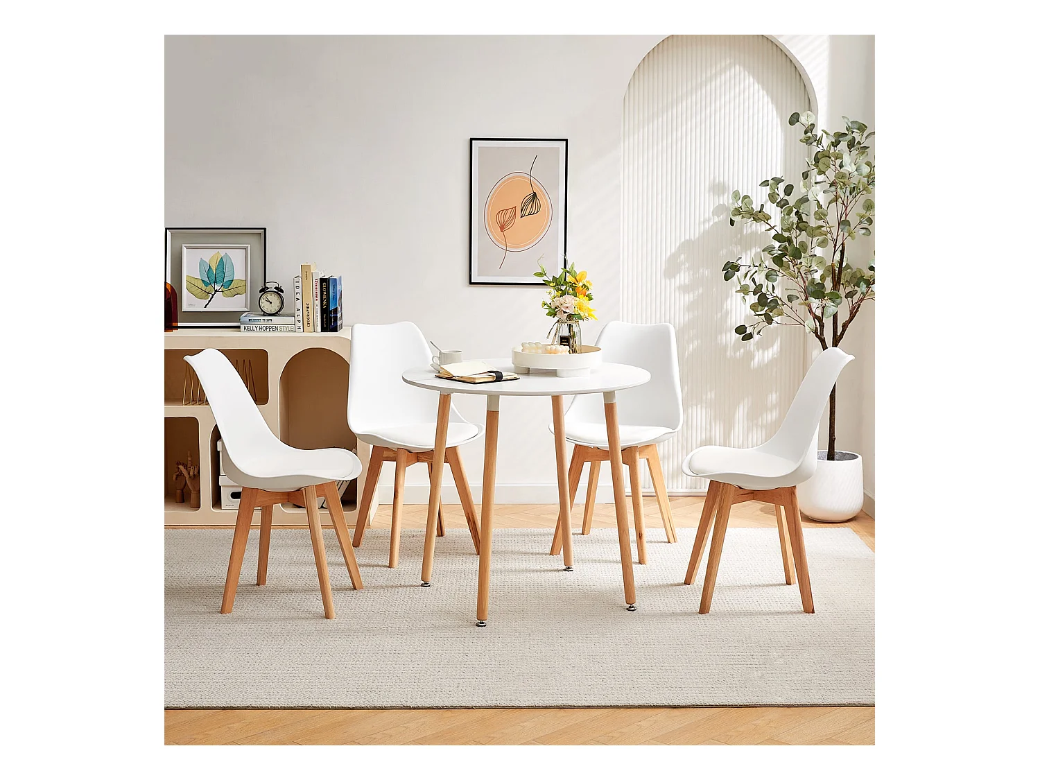Table à Manger Ronde Moderne Laquée Blanc Mat pour 2 à 4 Personnes - Pieds en Hêtre - 80 x 80 x 73 cm