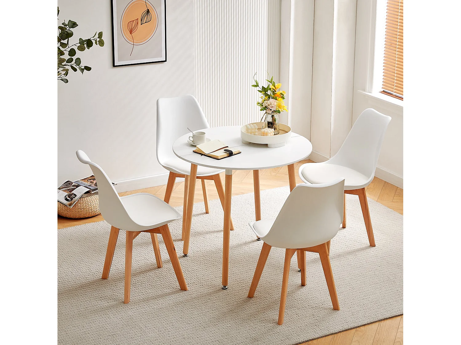 Table à Manger Ronde Moderne Laquée Blanc Mat pour 2 à 4 Personnes - Pieds en Hêtre - 80 x 80 x 73 cm