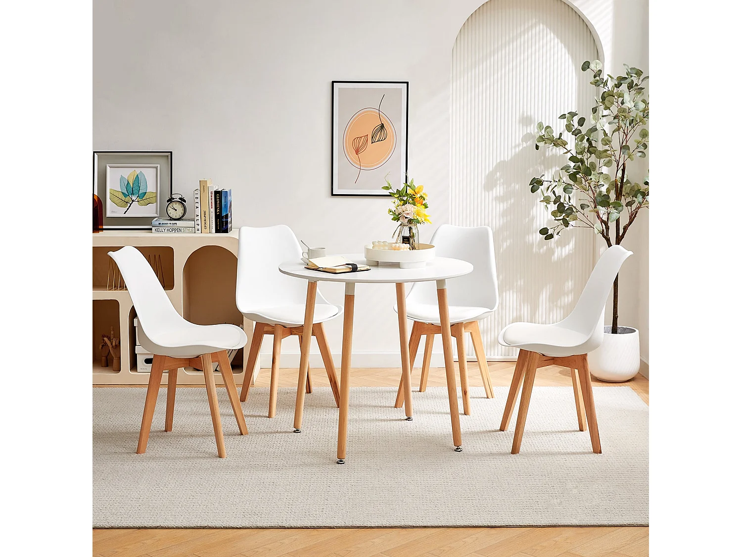 Table à Manger Ronde Moderne Laquée Blanc Mat pour 2 à 4 Personnes - Pieds en Hêtre - 80 x 80 x 73 cm
