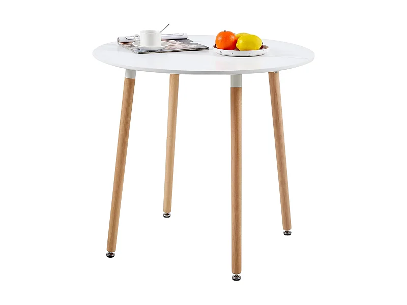 Table à Manger Ronde Moderne Laquée Blanc Mat pour 2 à 4 Personnes - Pieds en Hêtre - 80 x 80 x 73 cm
