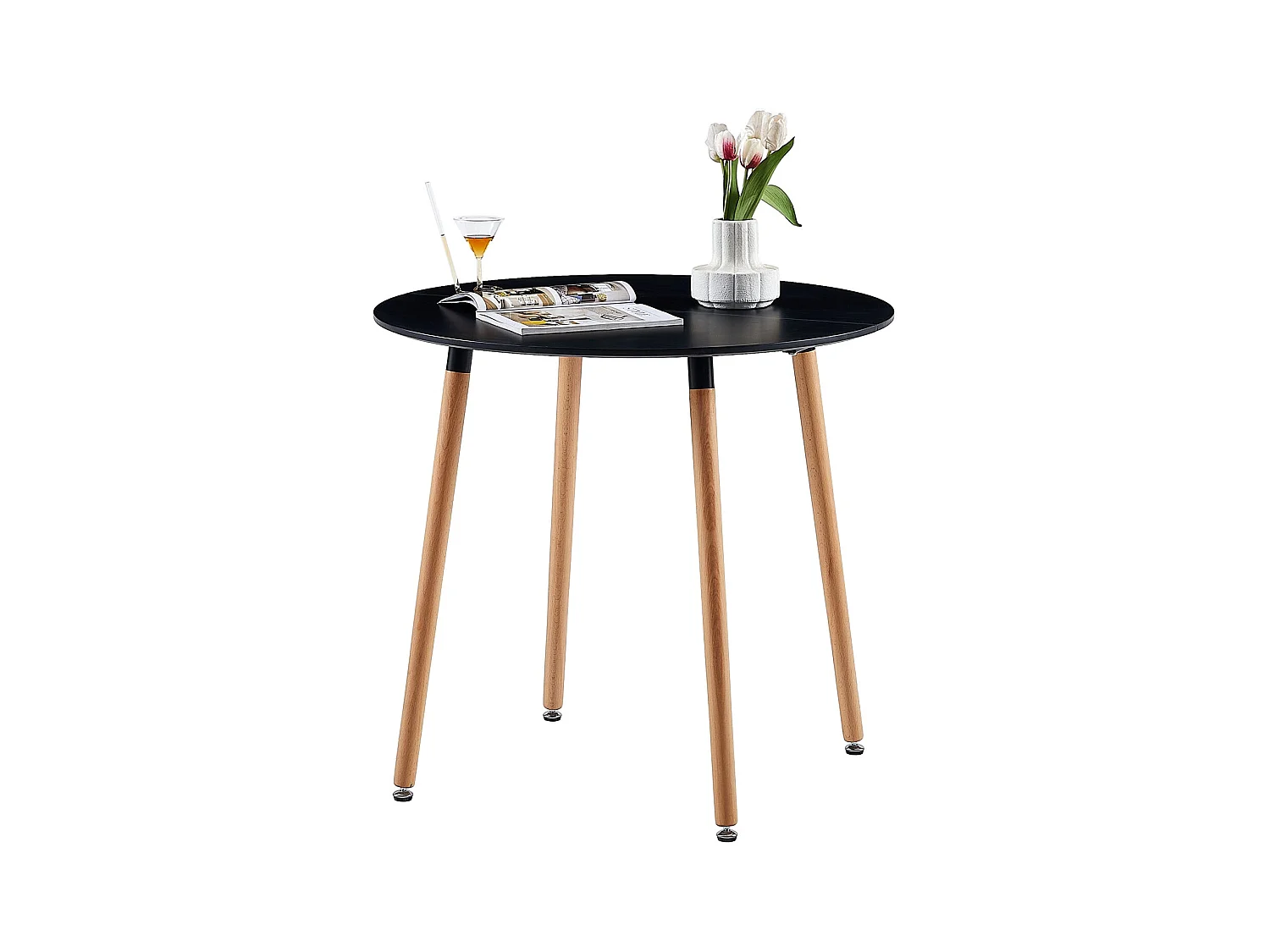 Table à Manger Ronde Moderne Laquée Noir Mat pour 2 à 4 Personnes - Pieds en Hêtre - 80 x 80 x 73 cm