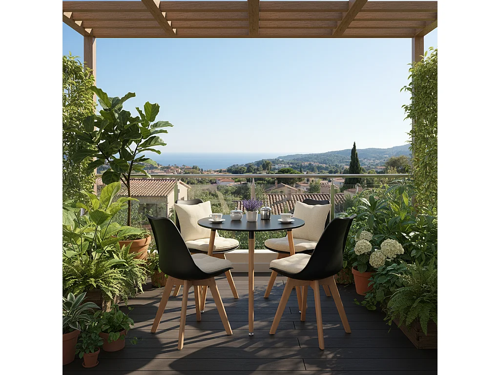 Table à Manger Ronde Moderne Laquée Noir Mat pour 2 à 4 Personnes - Pieds en Hêtre - 80 x 80 x 73 cm
