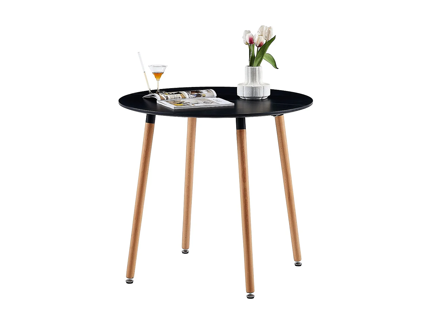 Table à Manger Ronde Moderne Laquée Noir Mat pour 2 à 4 Personnes - Pieds en Hêtre - 80 x 80 x 73 cm