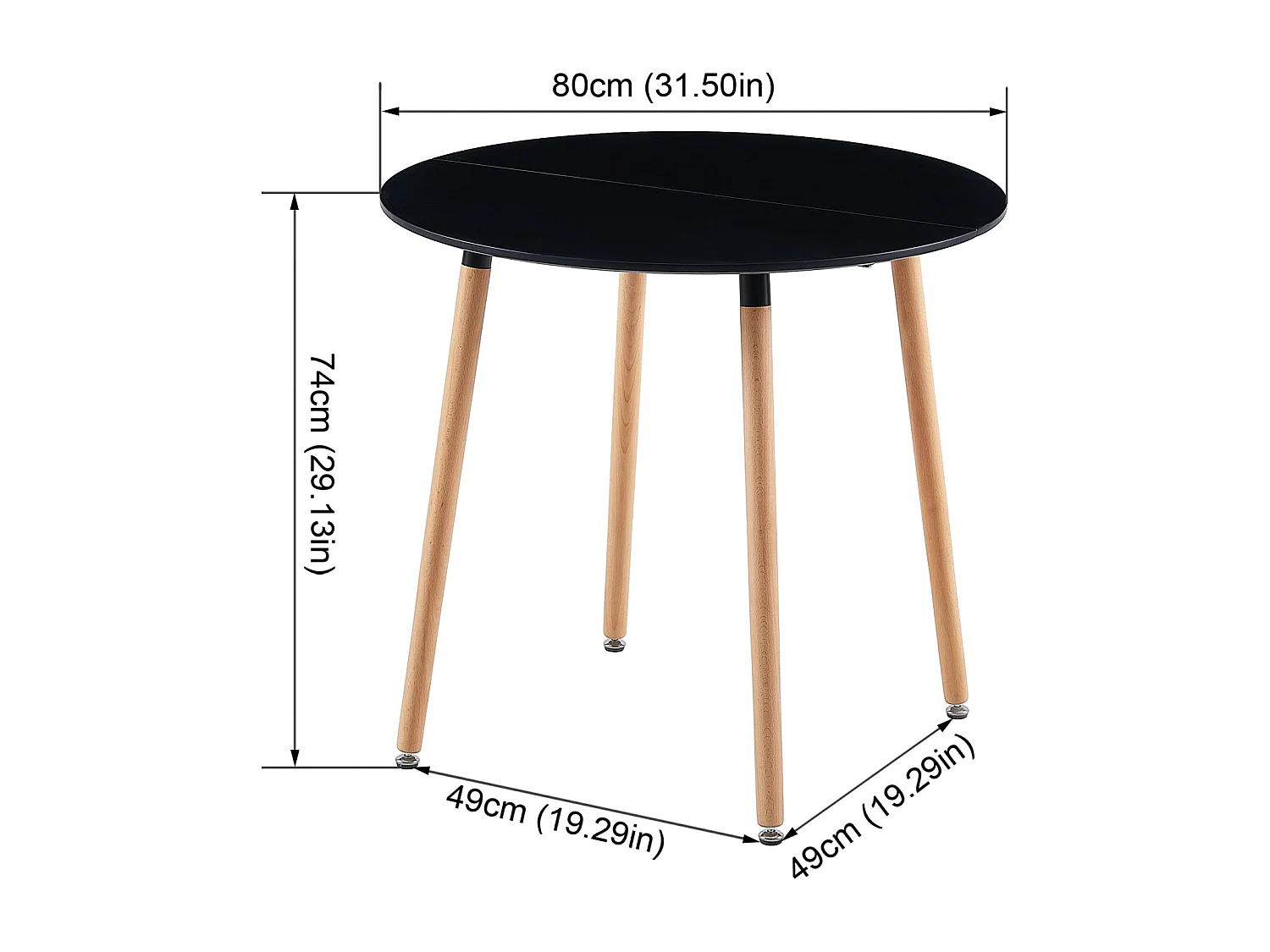 Table à Manger Ronde Moderne Laquée Noir Mat pour 2 à 4 Personnes - Pieds en Hêtre - 80 x 80 x 73 cm