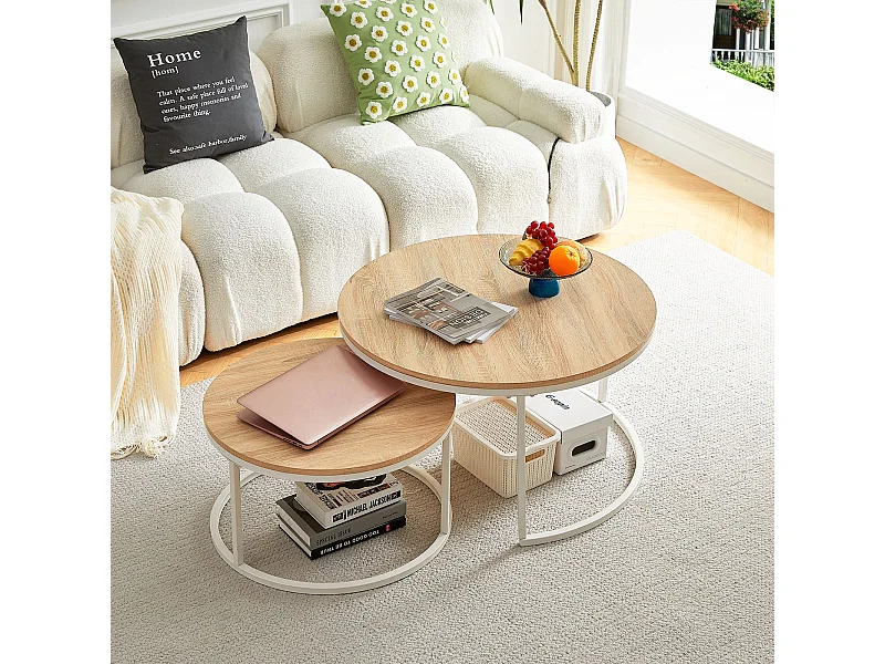 Lot de 2 Tables Basses Gigognes Rondes Style Scandinave - Table de Salon - 80 x 45 cm et 60 x 35 cm - Couleur Chêne