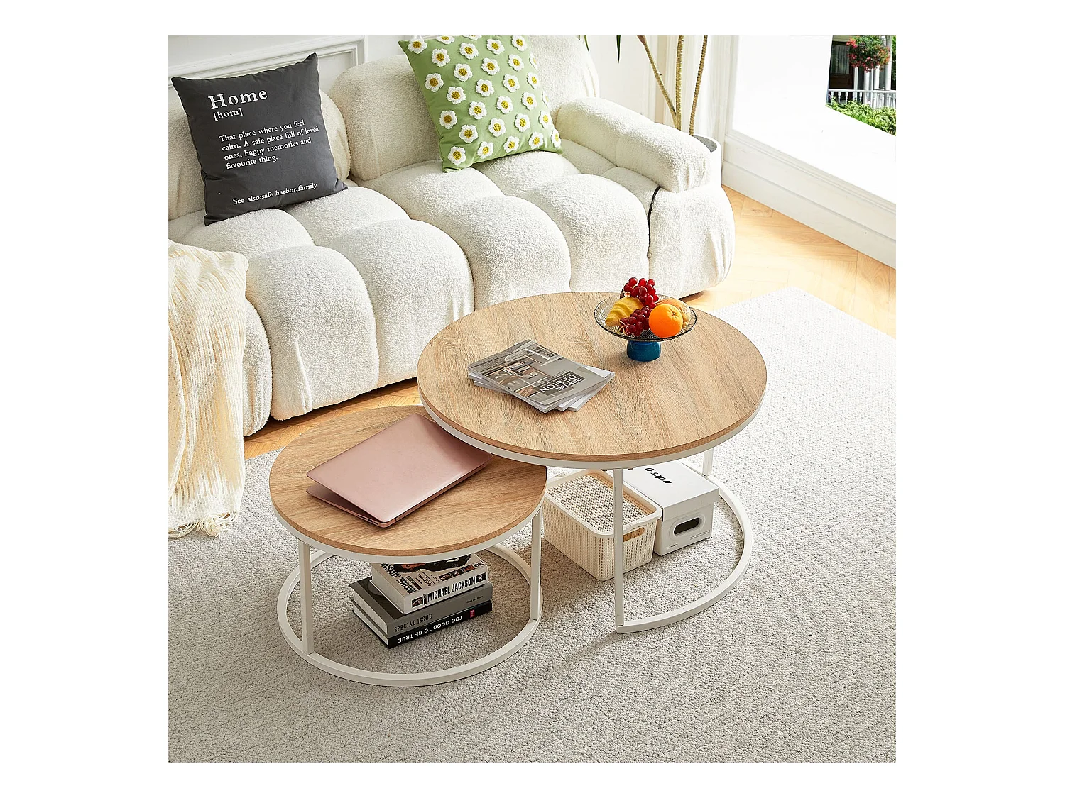 Lot de 2 Tables Basses Gigognes Rondes Style Scandinave - Table de Salon - 80 x 45 cm et 60 x 35 cm - Couleur Chêne