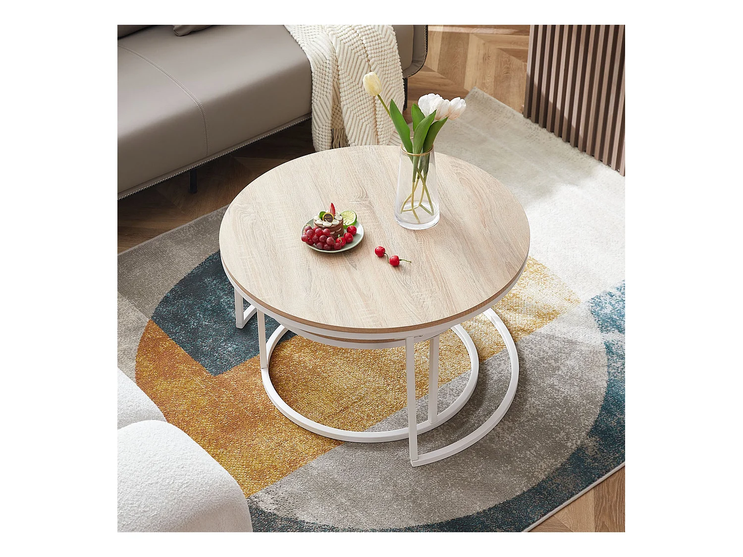 Lot de 2 Tables Basses Gigognes Rondes Style Scandinave - Table de Salon - 80 x 45 cm et 60 x 35 cm - Couleur Chêne