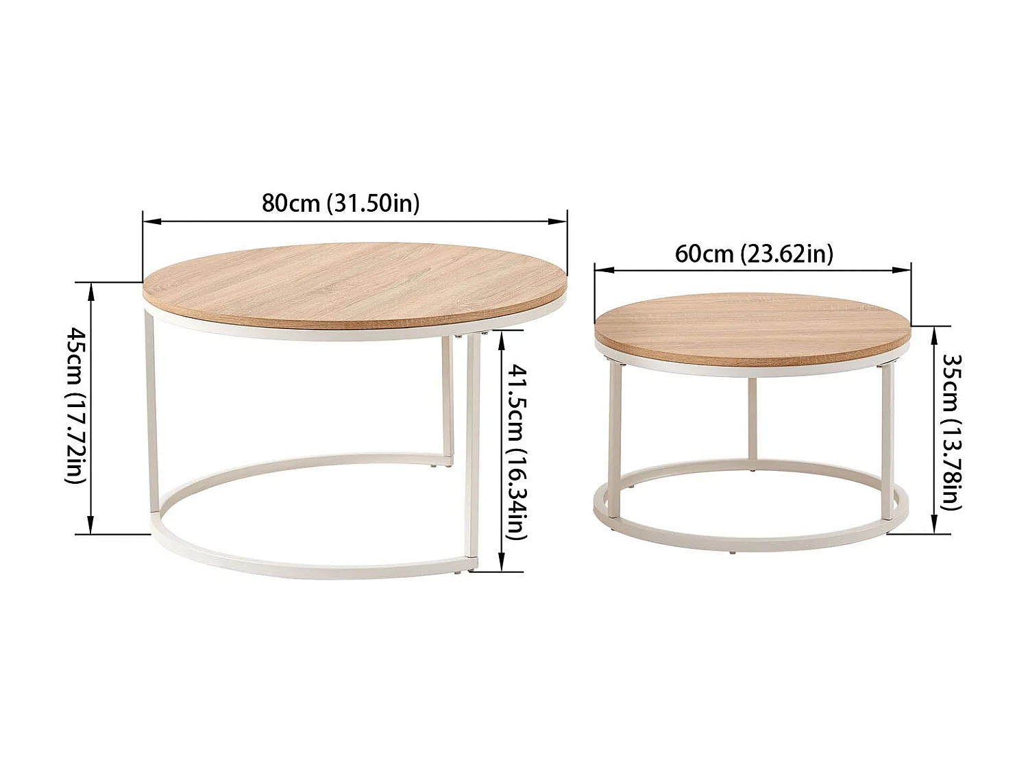 Lot de 2 Tables Basses Gigognes Rondes Style Scandinave - Table de Salon - 80 x 45 cm et 60 x 35 cm - Couleur Chêne