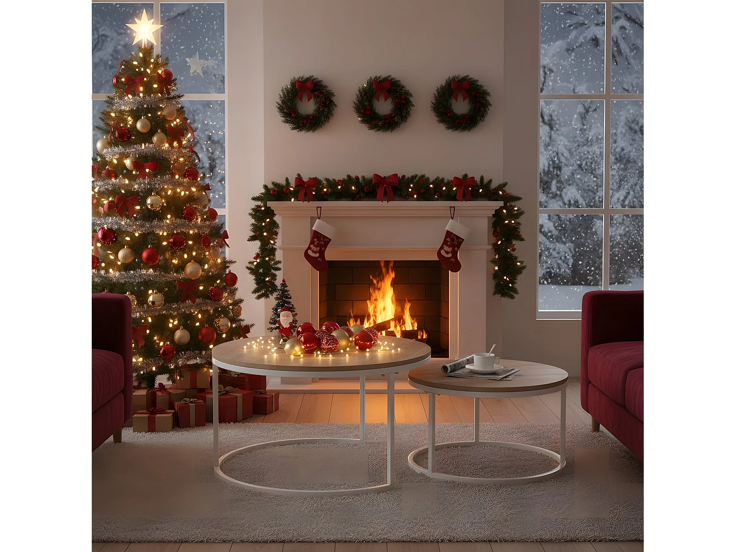 Lot de 2 Tables Basses Gigognes Rondes Style Scandinave - Table de Salon - 80 x 45 cm et 60 x 35 cm - Couleur Chêne