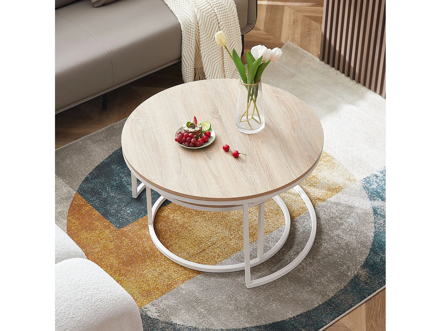 Lot de 2 Tables Basses Gigognes Rondes Style Scandinave - Table de Salon - 80 x 45 cm et 60 x 35 cm - Couleur Chêne