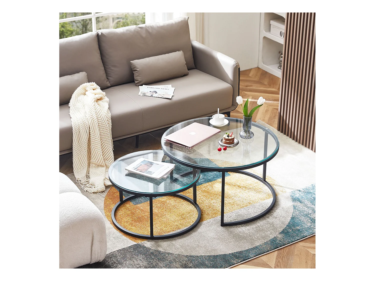 Lot de 2 Tables Basses Rondes avec Cadre Métallique Robuste et Verre Trempé