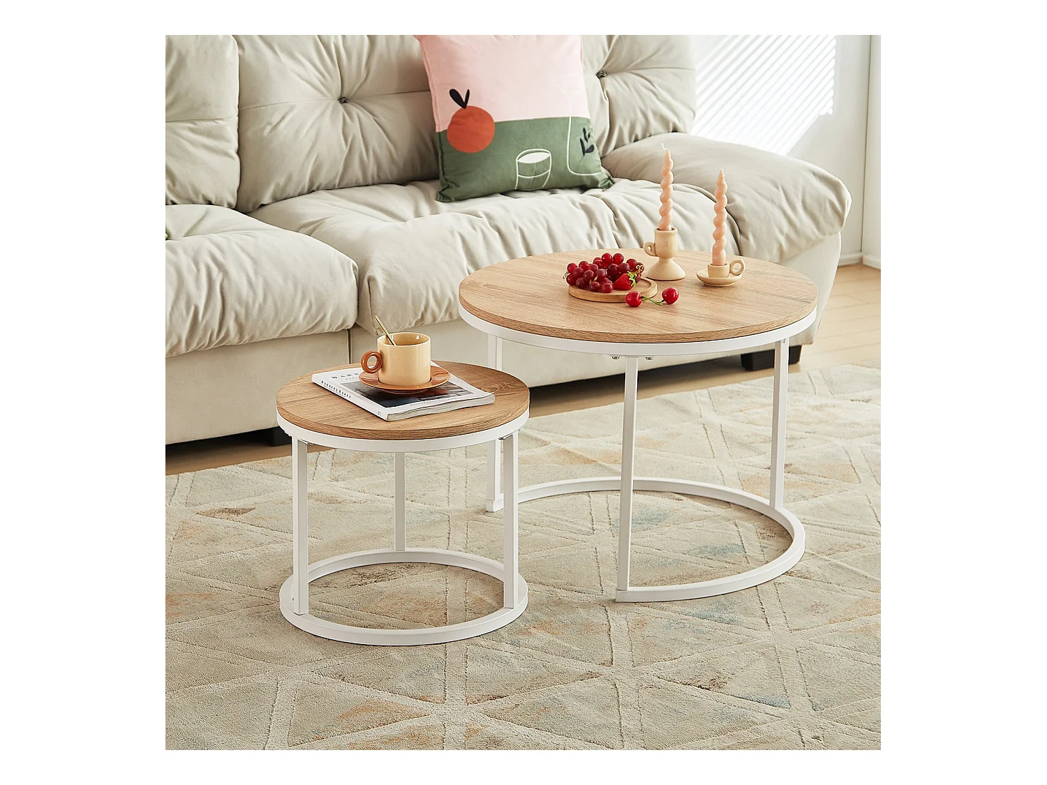 EGGREE Lot de 2 Tables Basses Gigognes Style Scandinave - Tables Basses Rondes pour Salon - 60 x 45 cm et 40 x 35 cm - Couleur Chêne