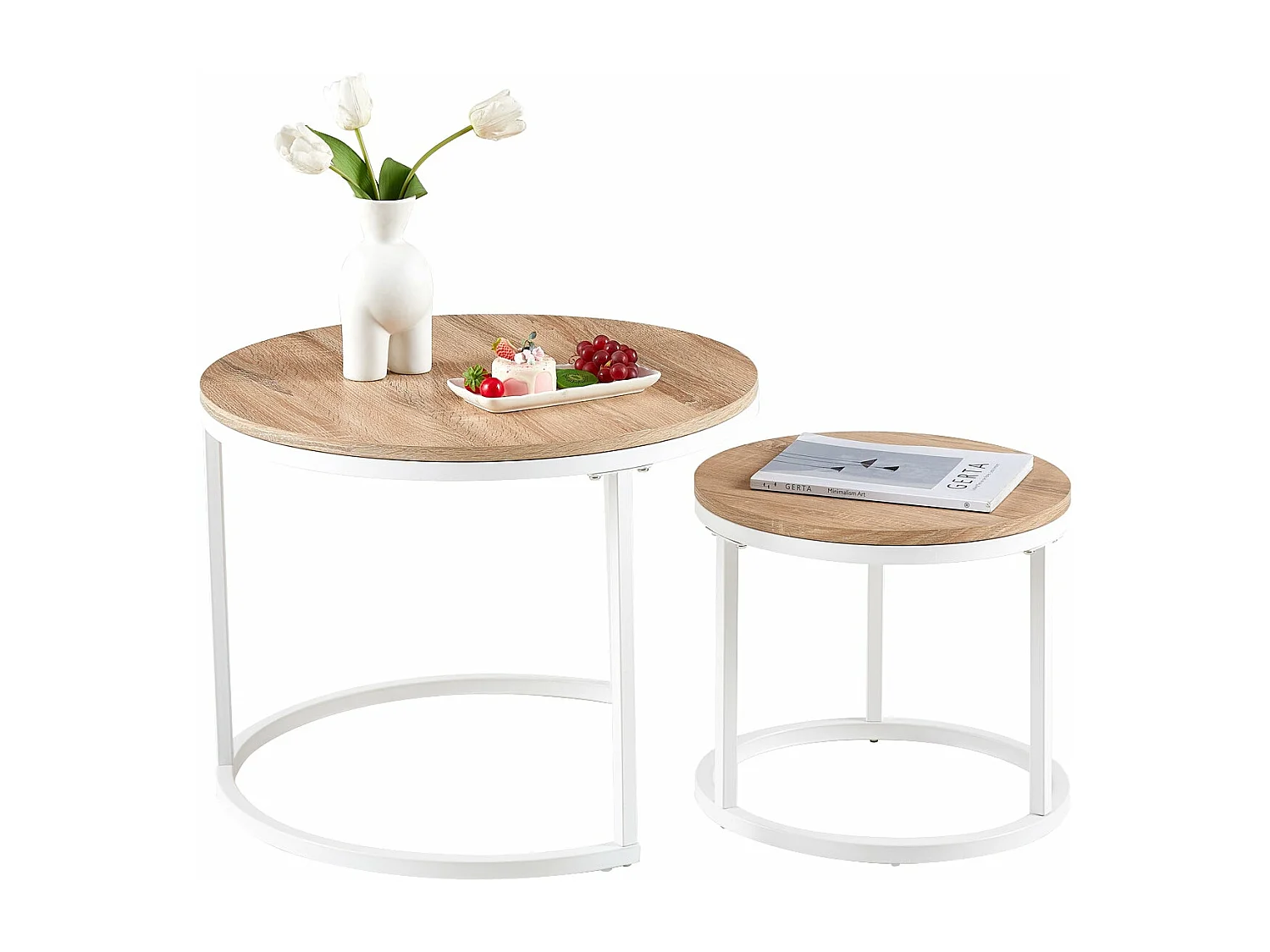 EGGREE Lot de 2 Tables Basses Gigognes Style Scandinave - Tables Basses Rondes pour Salon - 60 x 45 cm et 40 x 35 cm - Couleur Chêne