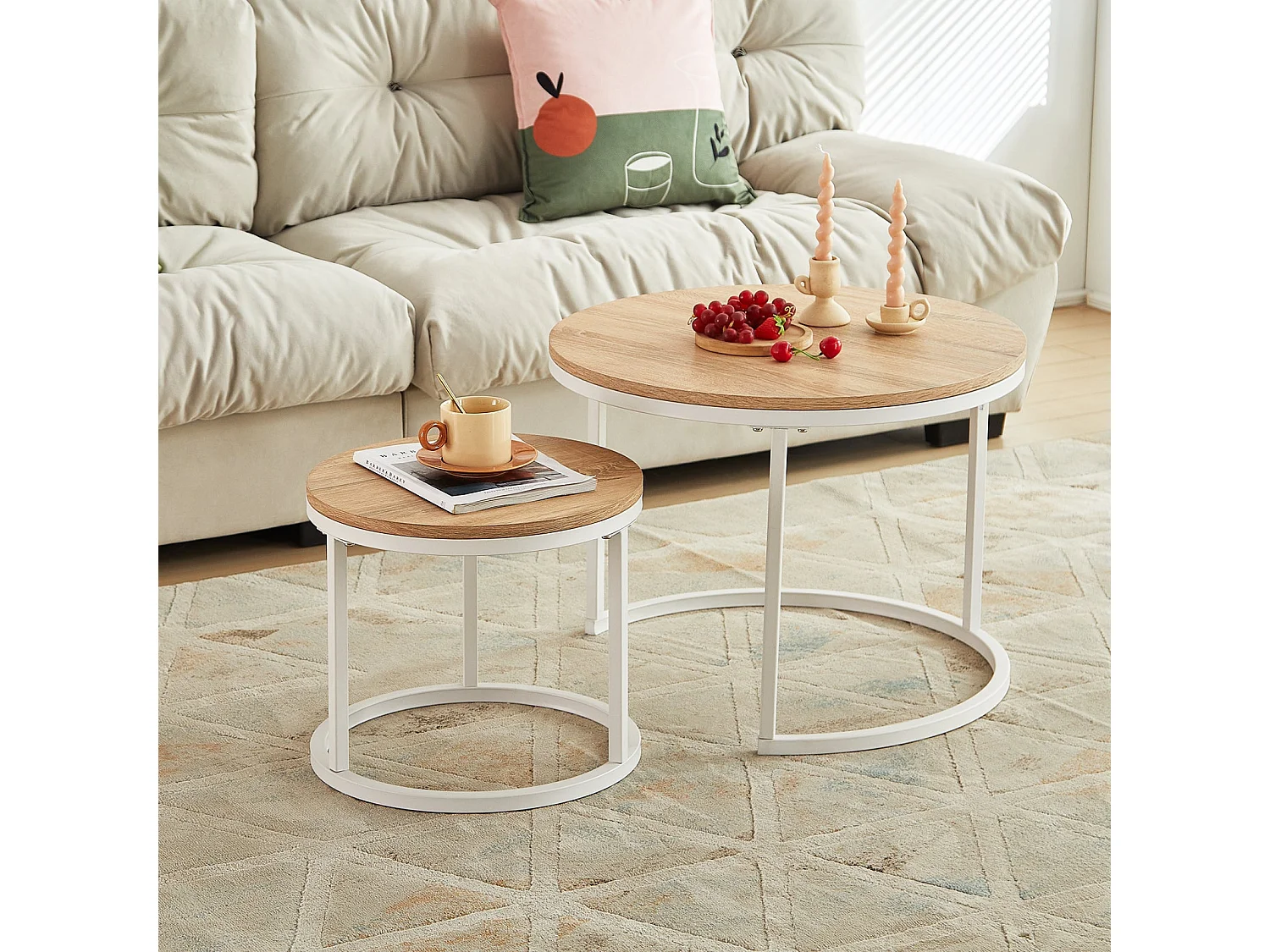 EGGREE Lot de 2 Tables Basses Gigognes Style Scandinave - Tables Basses Rondes pour Salon - 60 x 45 cm et 40 x 35 cm - Couleur Chêne