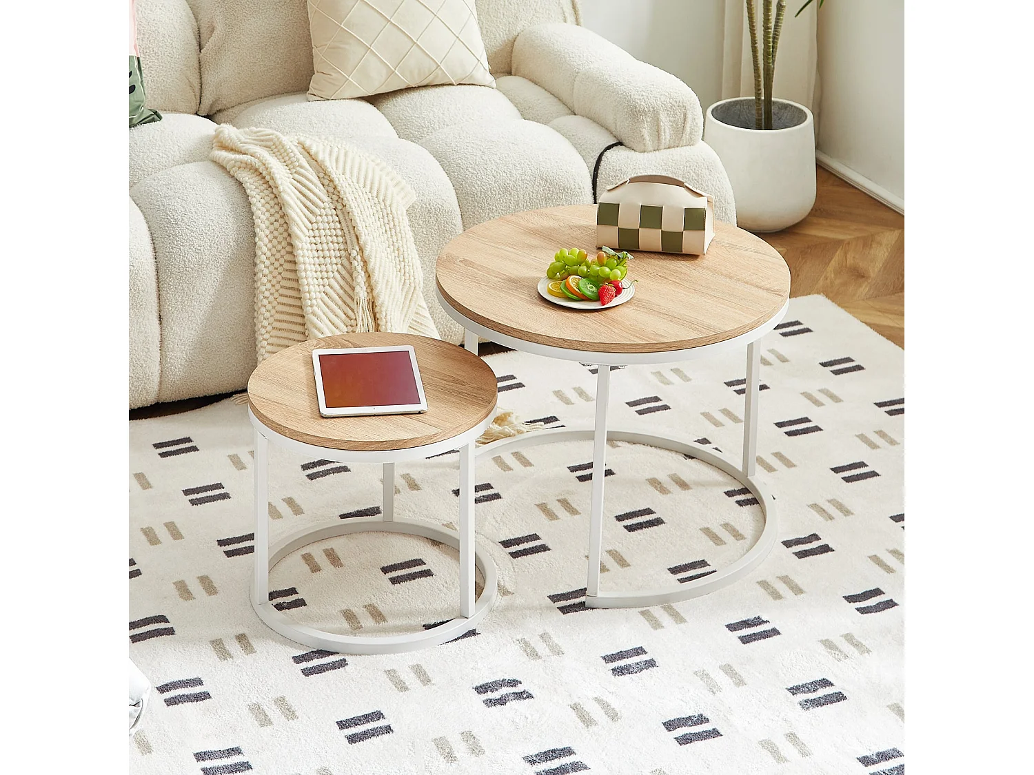 EGGREE Lot de 2 Tables Basses Gigognes Style Scandinave - Tables Basses Rondes pour Salon - 60 x 45 cm et 40 x 35 cm - Couleur Chêne