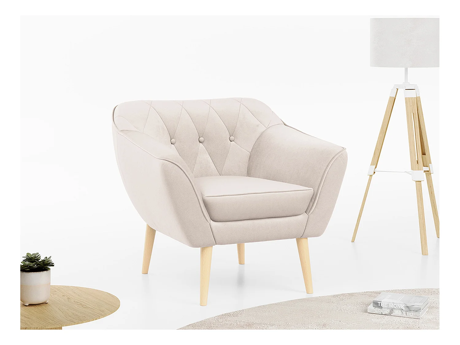 Sessel PIRS - 1-Sitzer, Skandinavisches Design, hoche Holzbeine - Creme Velvet