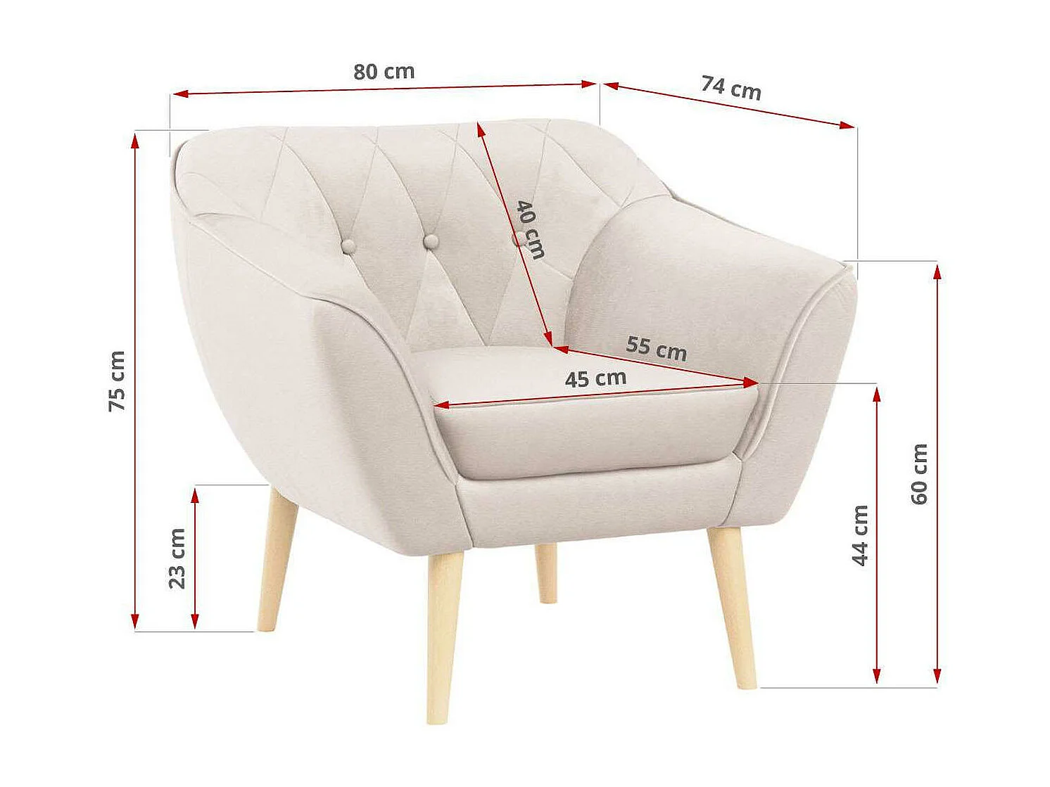 Sessel PIRS - 1-Sitzer, Skandinavisches Design, hoche Holzbeine - Creme Velvet