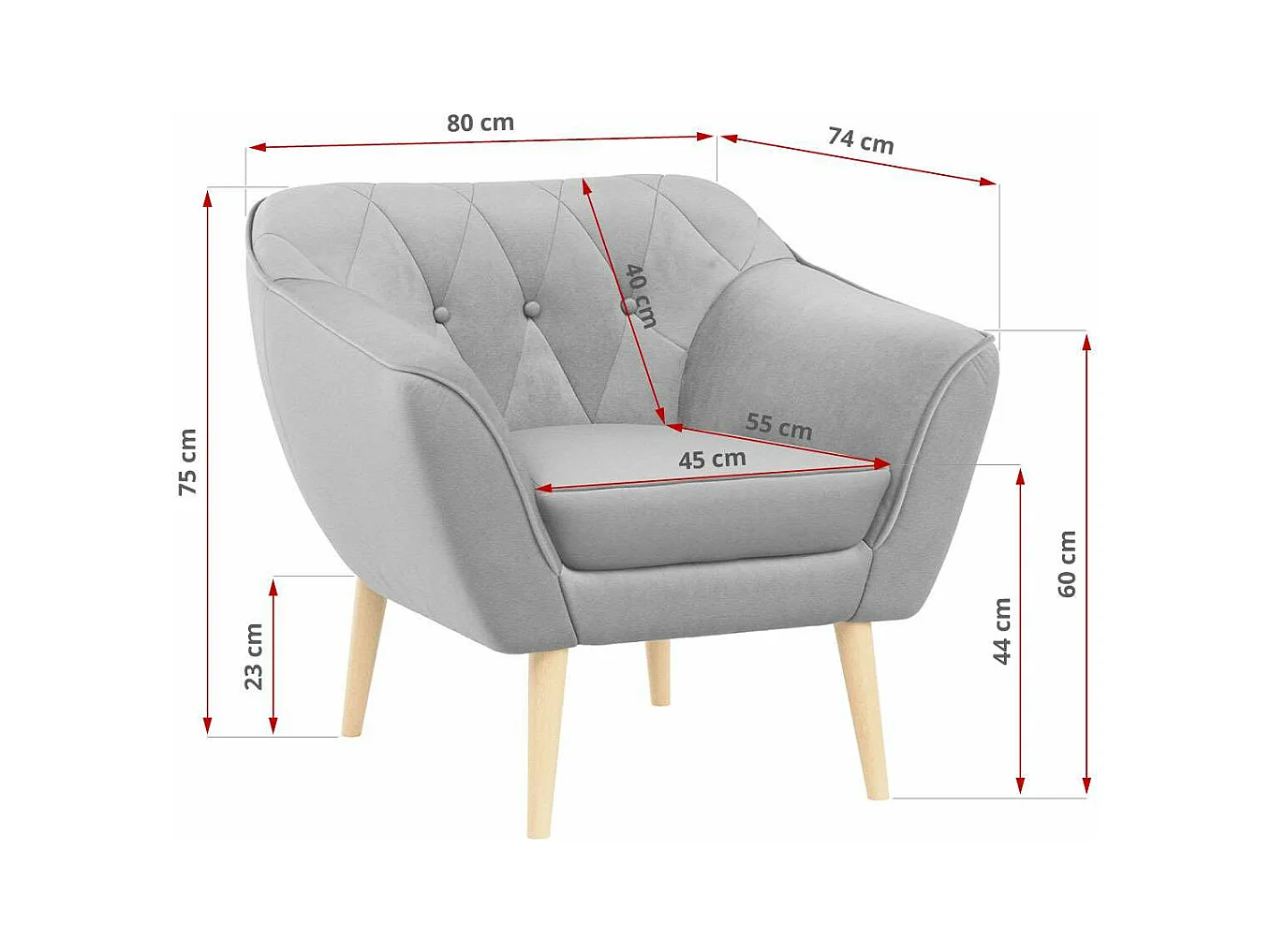 Sessel PIRS - 1-Sitzer, Skandinavisches Design, hoche Holzbeine - Hellgrau Velvet