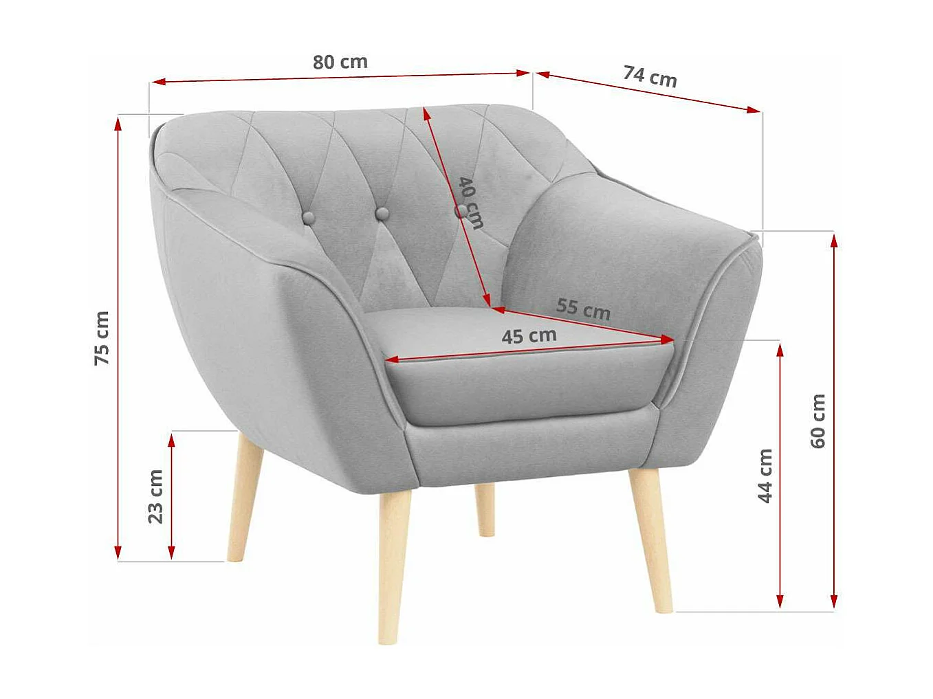 Sessel PIRS - 1-Sitzer, Skandinavisches Design, hoche Holzbeine - Hellgrau Velvet