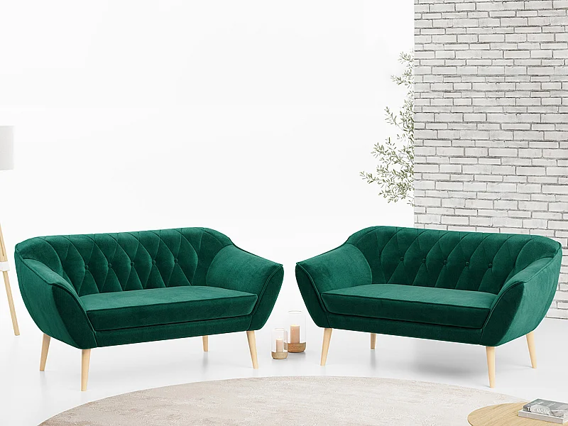 Couchgarnitur PIRS - 2+2, Skandinavischer Set mit Armlehnen, Holzbeine - Dunkelgrün Velvet